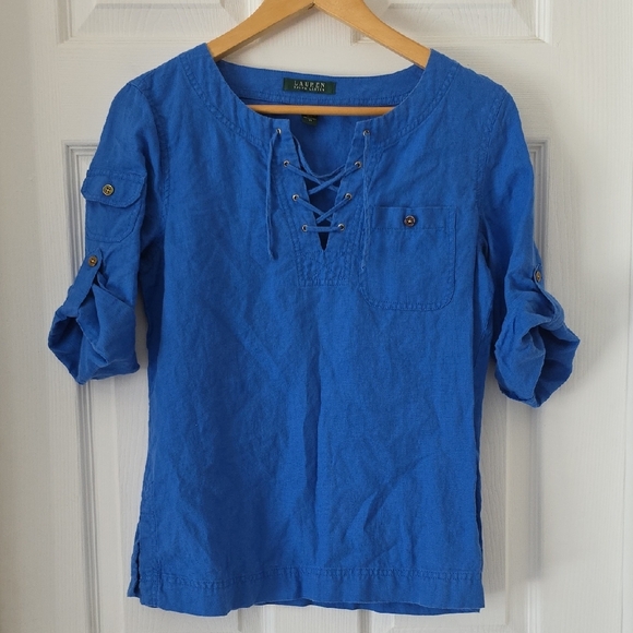Ralph Lauren Tops - Ralph Lauren Linen Blue Top with Tie Front and 3/4 Sleeves Size XS
